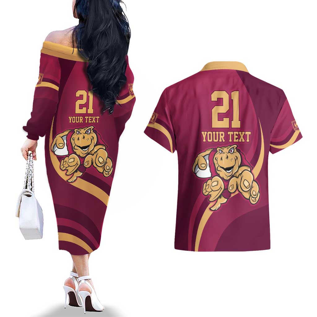 Custom QLD Maroons Cane Toad Couples Matching Off The Shoulder Long Sleeve Dress and Hawaiian Shirt Queensland Origin No1