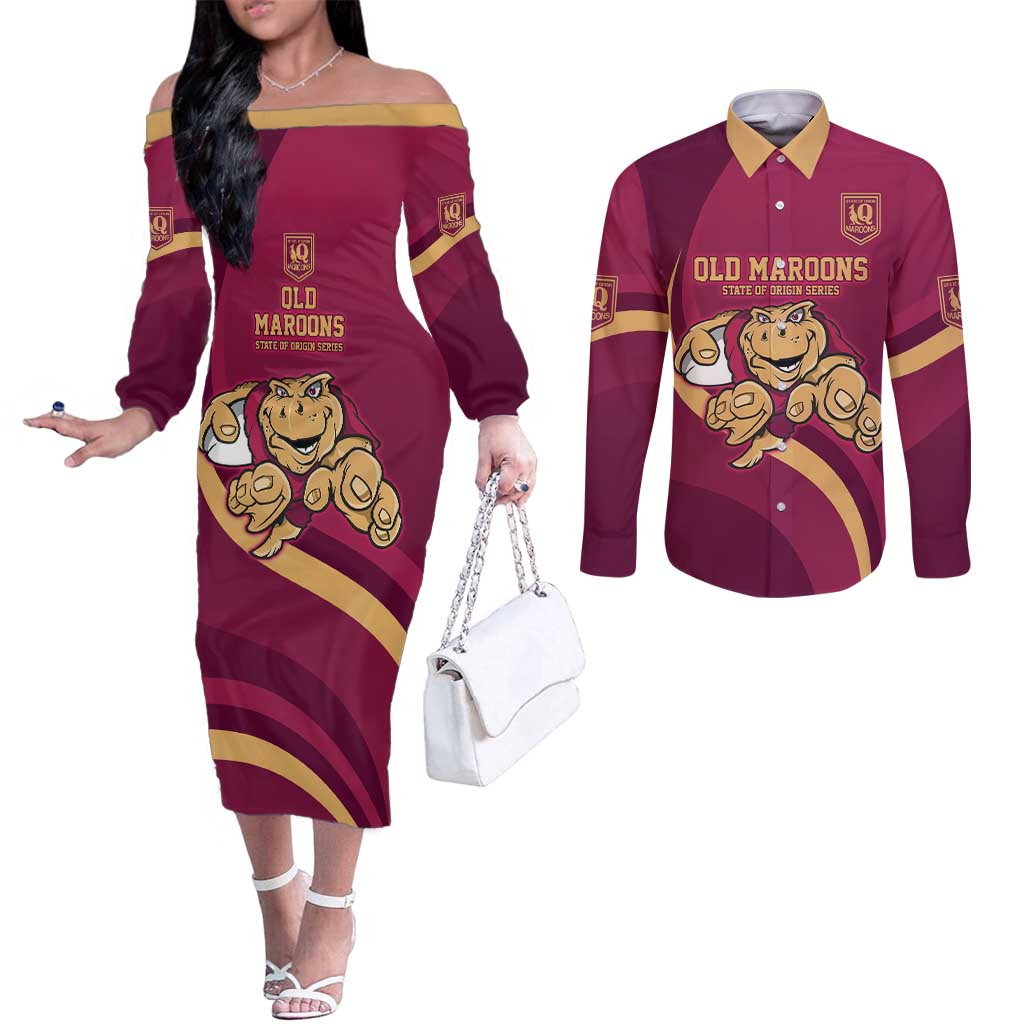 Custom QLD Maroons Cane Toad Couples Matching Off The Shoulder Long Sleeve Dress and Long Sleeve Button Shirt Queensland Origin No1