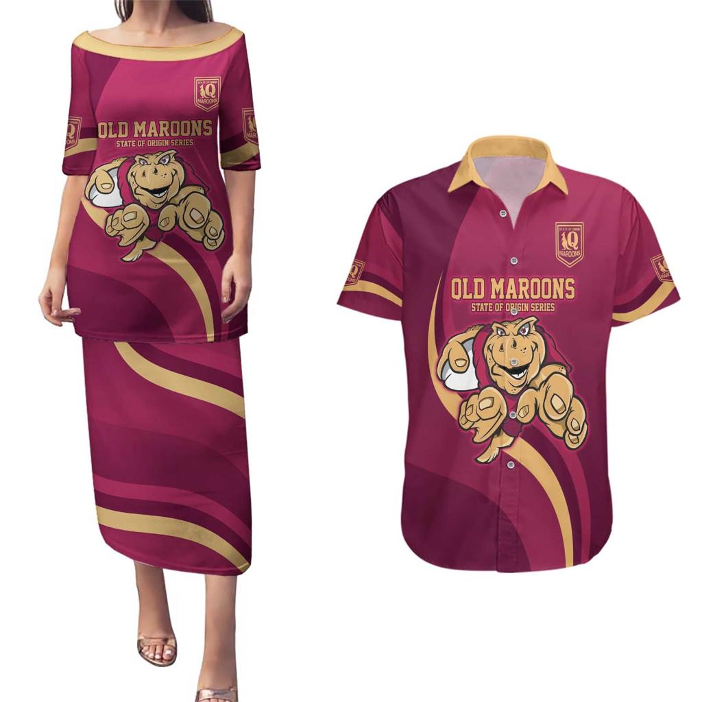 Custom QLD Maroons Cane Toad Couples Matching Puletasi and Hawaiian Shirt Queensland Origin No1