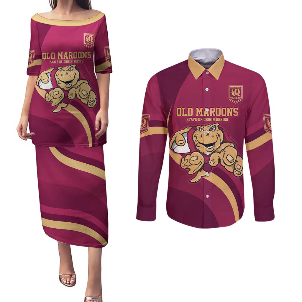 Custom QLD Maroons Cane Toad Couples Matching Puletasi and Long Sleeve Button Shirt Queensland Origin No1
