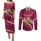 Custom QLD Maroons Cane Toad Couples Matching Puletasi and Long Sleeve Button Shirt Queensland Origin No1