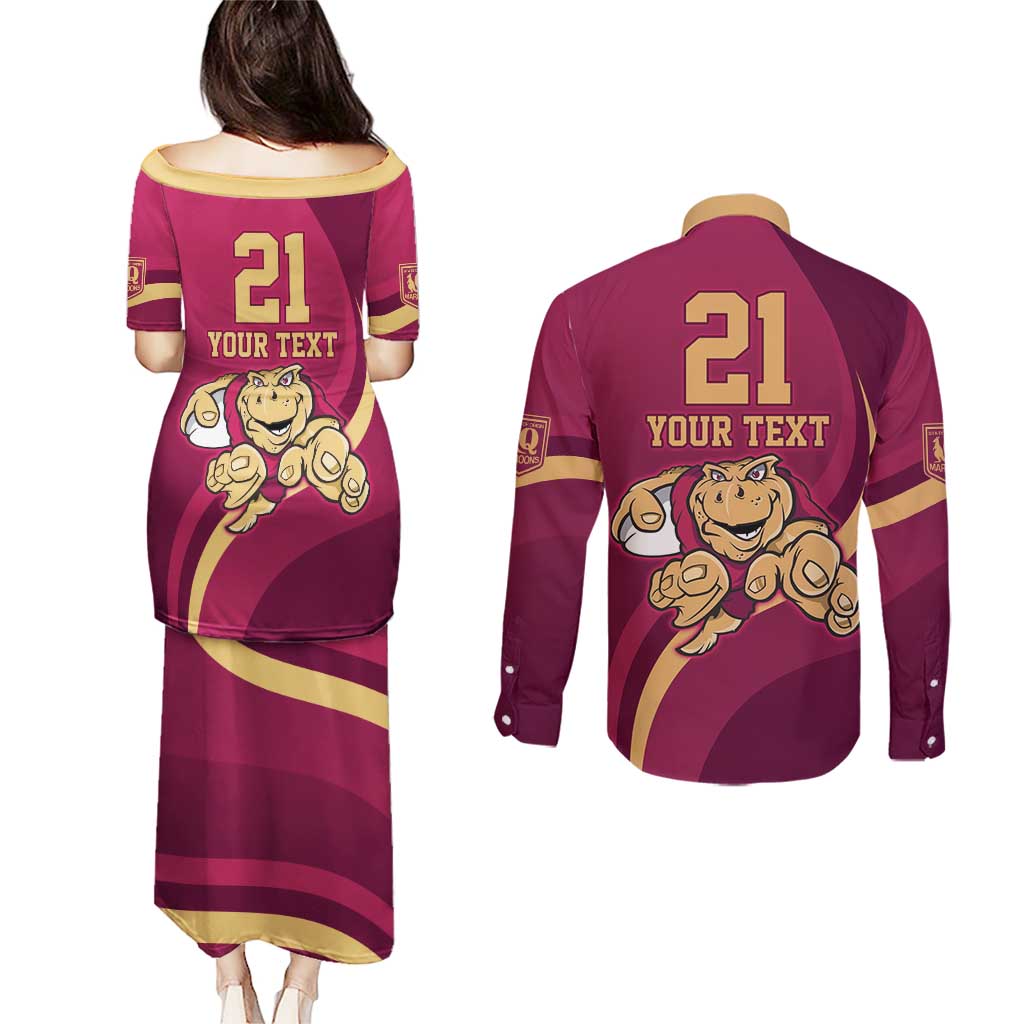 Custom QLD Maroons Cane Toad Couples Matching Puletasi and Long Sleeve Button Shirt Queensland Origin No1
