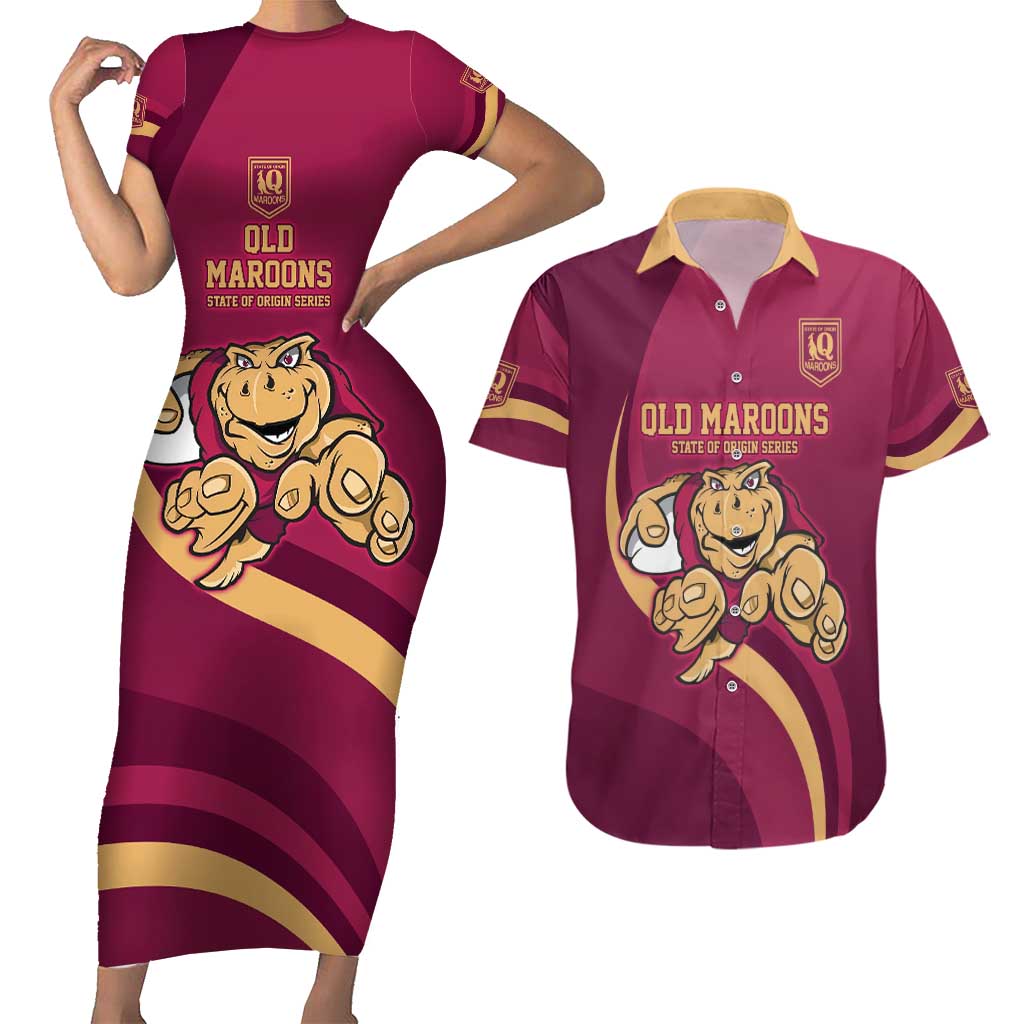 Custom QLD Maroons Cane Toad Couples Matching Short Sleeve Bodycon Dress and Hawaiian Shirt Queensland Origin No1