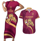 Custom QLD Maroons Cane Toad Couples Matching Short Sleeve Bodycon Dress and Hawaiian Shirt Queensland Origin No1