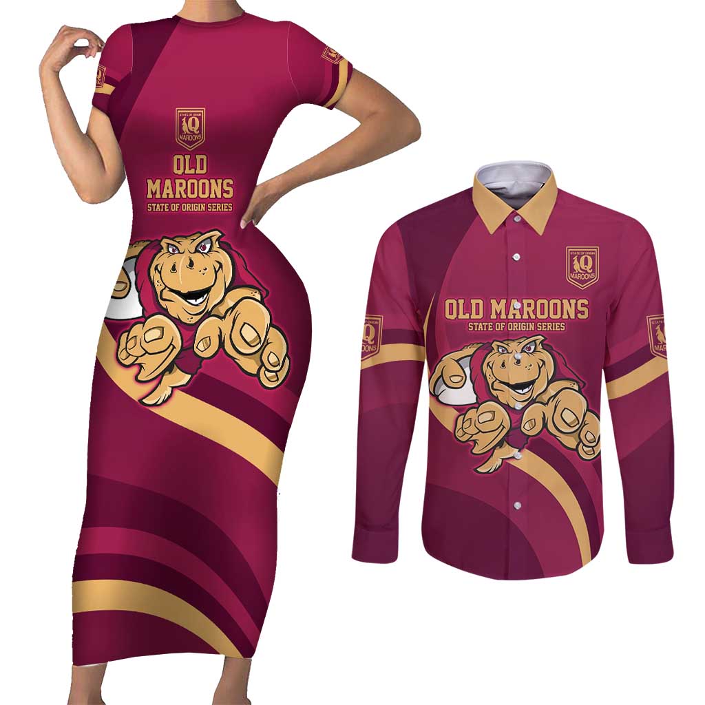 Custom QLD Maroons Cane Toad Couples Matching Short Sleeve Bodycon Dress and Long Sleeve Button Shirt Queensland Origin No1
