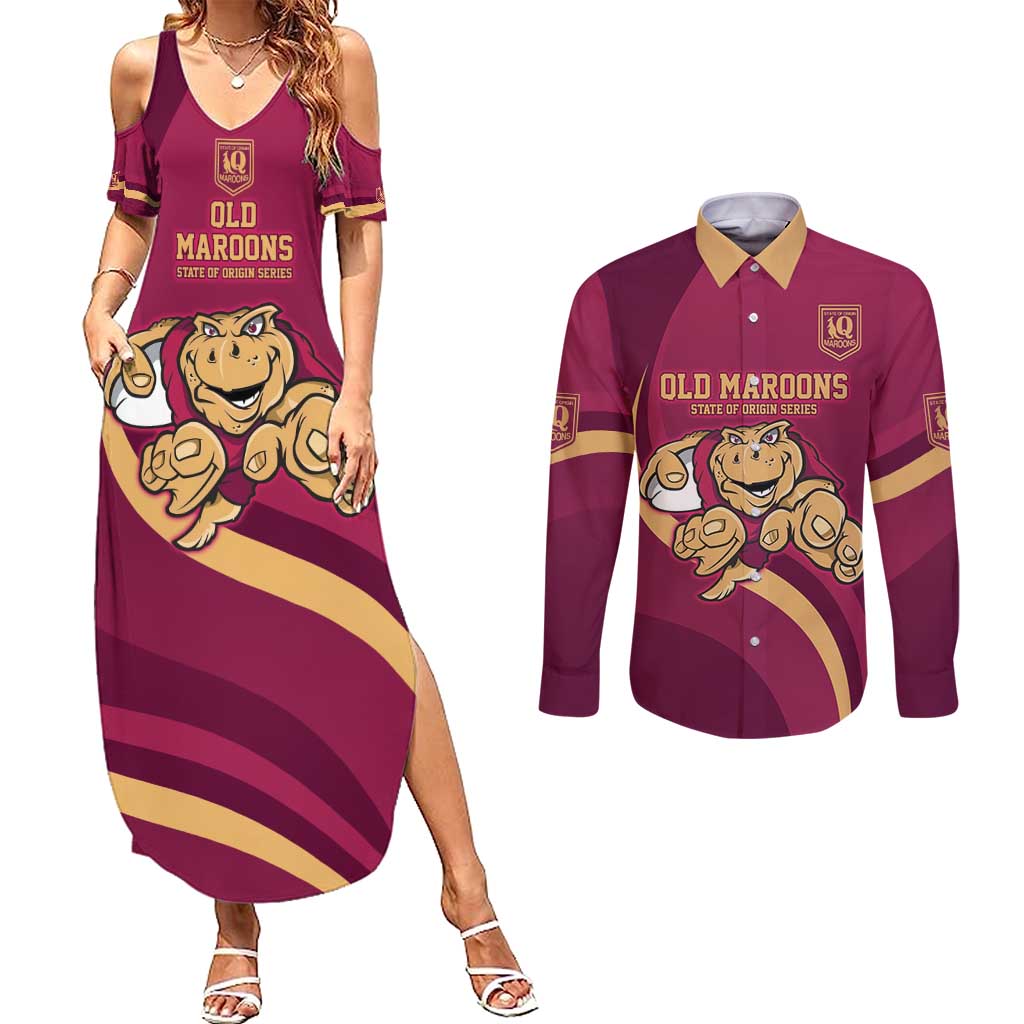 Custom QLD Maroons Cane Toad Couples Matching Summer Maxi Dress and Long Sleeve Button Shirt Queensland Origin No1