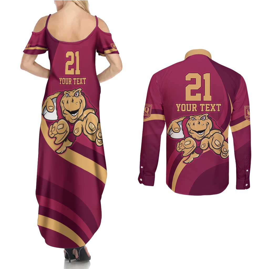 Custom QLD Maroons Cane Toad Couples Matching Summer Maxi Dress and Long Sleeve Button Shirt Queensland Origin No1