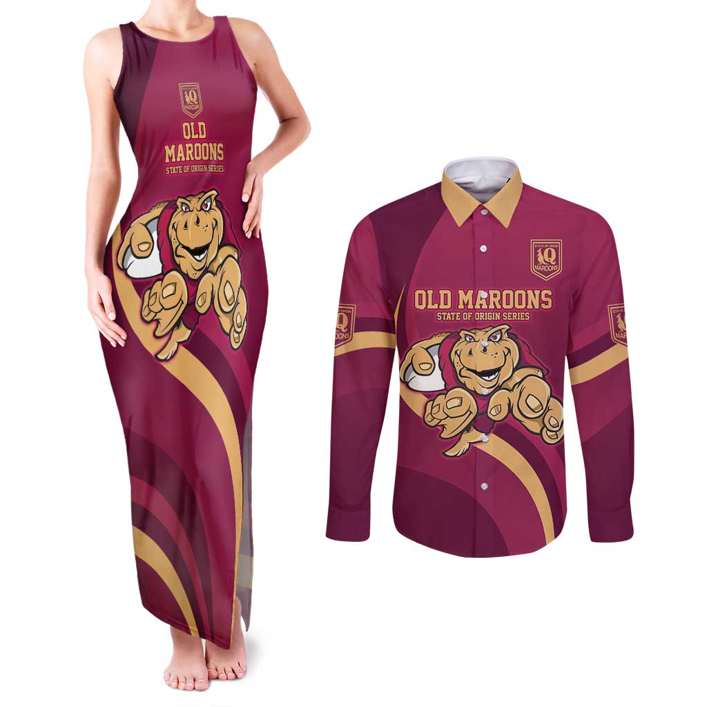 Custom QLD Maroons Cane Toad Couples Matching Tank Maxi Dress and Long Sleeve Button Shirt Queensland Origin No1