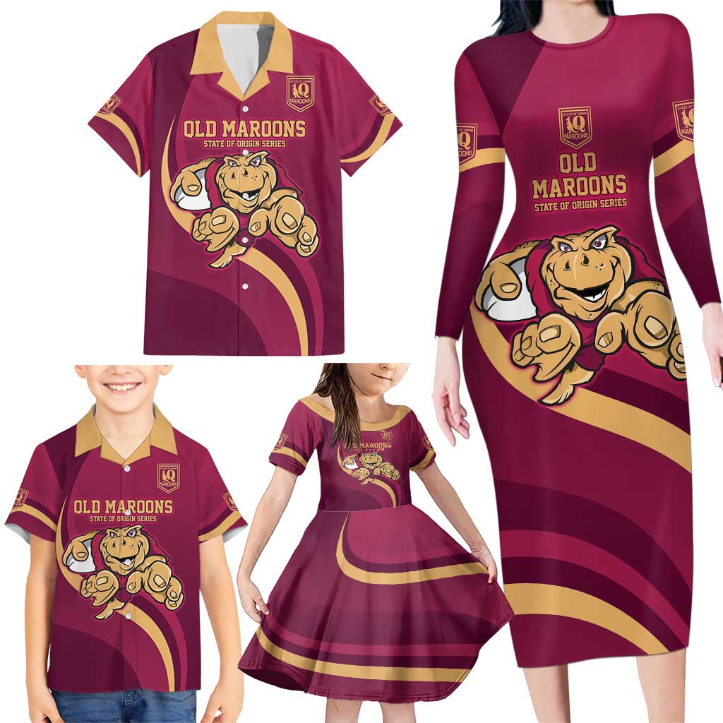 Custom QLD Maroons Cane Toad Family Matching Long Sleeve Bodycon Dress and Hawaiian Shirt Queensland Origin No1
