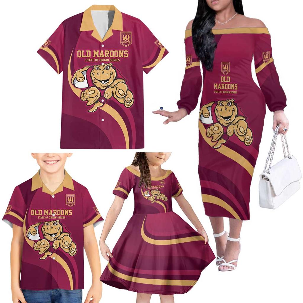 Custom QLD Maroons Cane Toad Family Matching Off The Shoulder Long Sleeve Dress and Hawaiian Shirt Queensland Origin No1