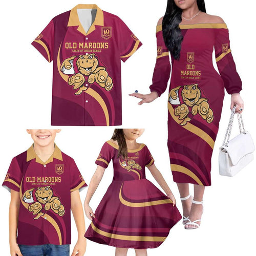 Custom QLD Maroons Cane Toad Family Matching Off The Shoulder Long Sleeve Dress and Hawaiian Shirt Queensland Origin No1