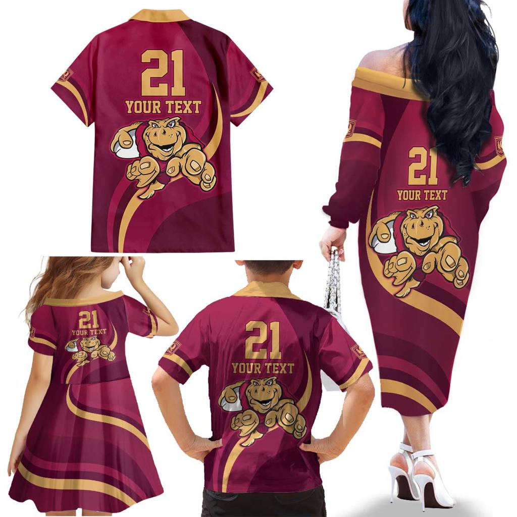 Custom QLD Maroons Cane Toad Family Matching Off The Shoulder Long Sleeve Dress and Hawaiian Shirt Queensland Origin No1