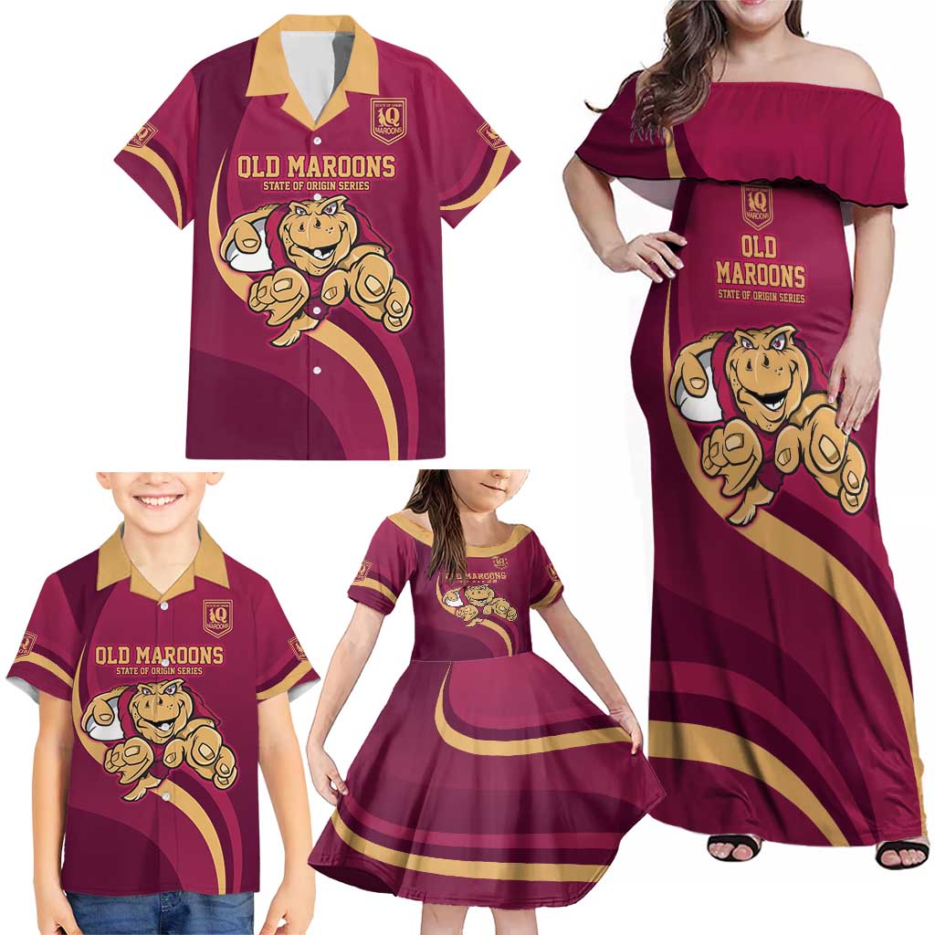 Custom QLD Maroons Cane Toad Family Matching Off Shoulder Maxi Dress and Hawaiian Shirt Queensland Origin No1