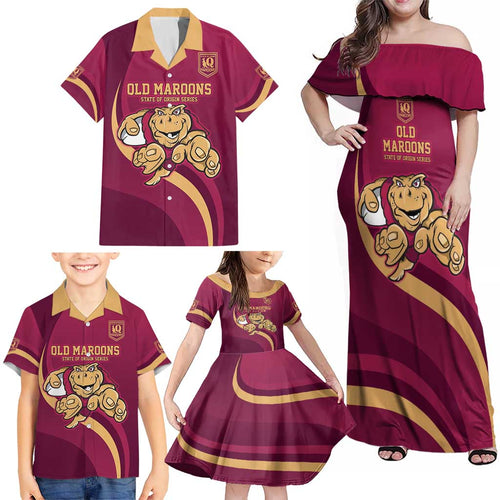 Custom QLD Maroons Cane Toad Family Matching Off Shoulder Maxi Dress and Hawaiian Shirt Queensland Origin No1