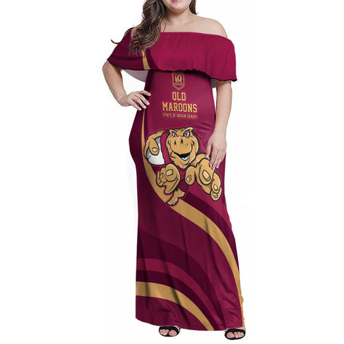Custom QLD Maroons Cane Toad Family Matching Off Shoulder Maxi Dress and Hawaiian Shirt Queensland Origin No1