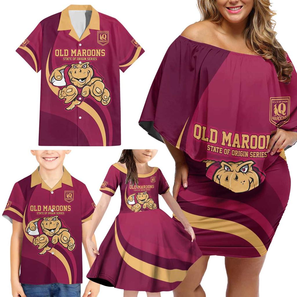 Custom QLD Maroons Cane Toad Family Matching Off Shoulder Short Dress and Hawaiian Shirt Queensland Origin No1
