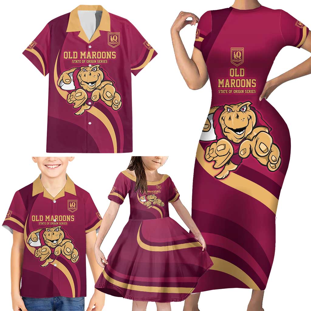Custom QLD Maroons Cane Toad Family Matching Short Sleeve Bodycon Dress and Hawaiian Shirt Queensland Origin No1