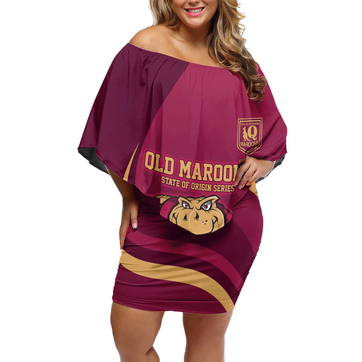 Custom QLD Maroons Cane Toad Off Shoulder Short Dress Queensland Origin No1