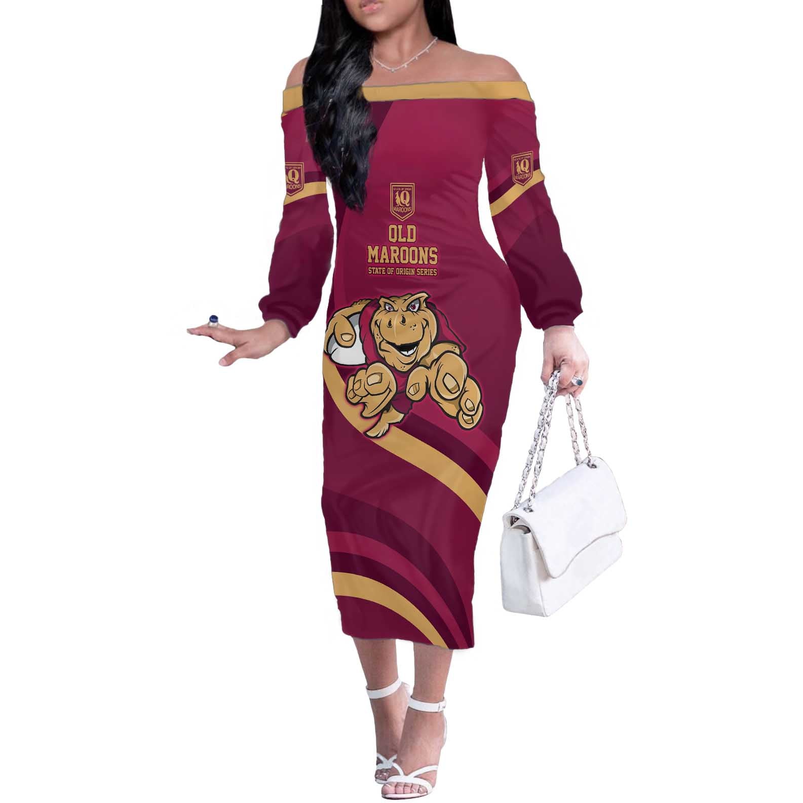 Custom QLD Maroons Cane Toad Off The Shoulder Long Sleeve Dress Queensland Origin No1
