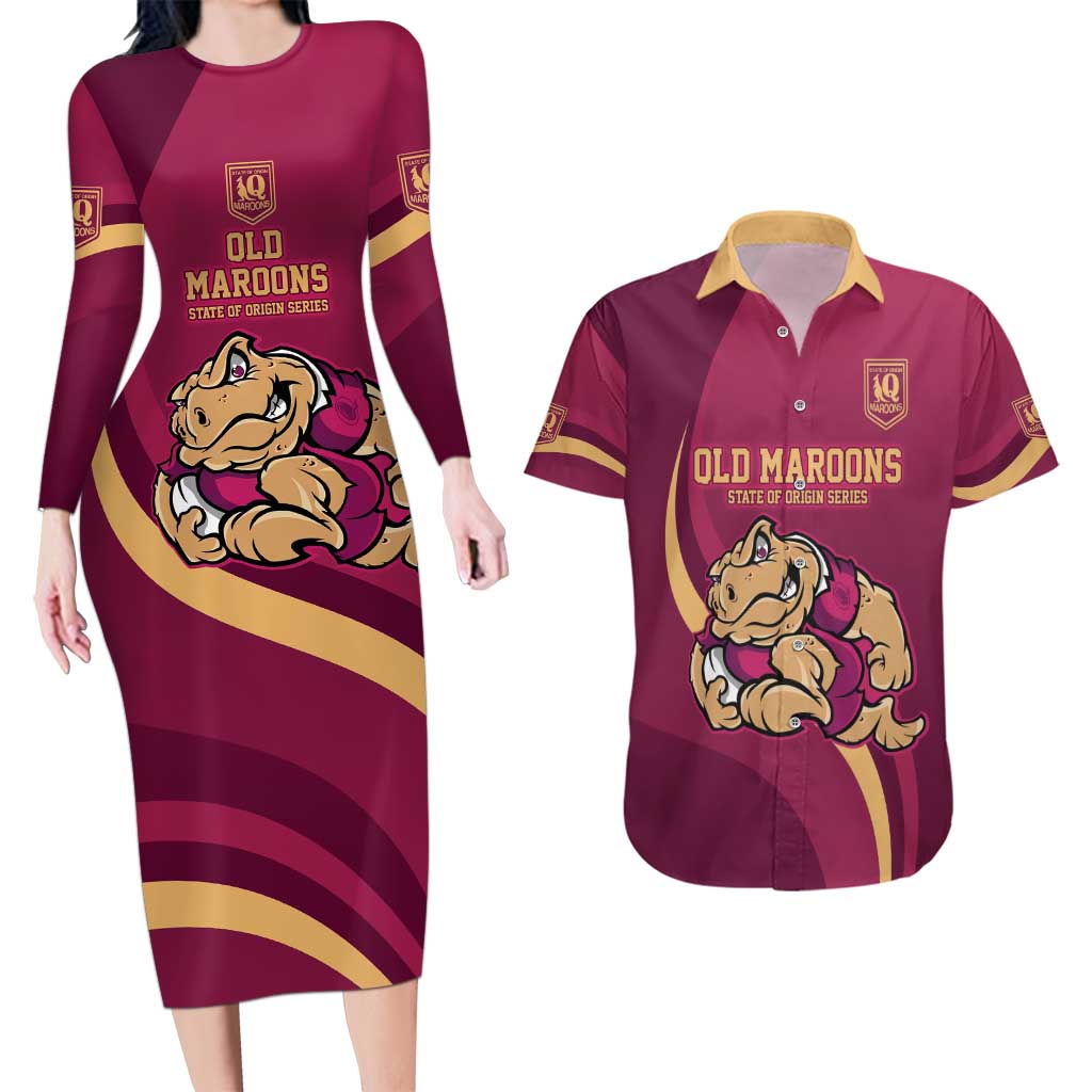 Custom QLD Maroons Cane Toad Couples Matching Long Sleeve Bodycon Dress and Hawaiian Shirt Queensland Origin No2