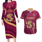 Custom QLD Maroons Cane Toad Couples Matching Long Sleeve Bodycon Dress and Hawaiian Shirt Queensland Origin No2