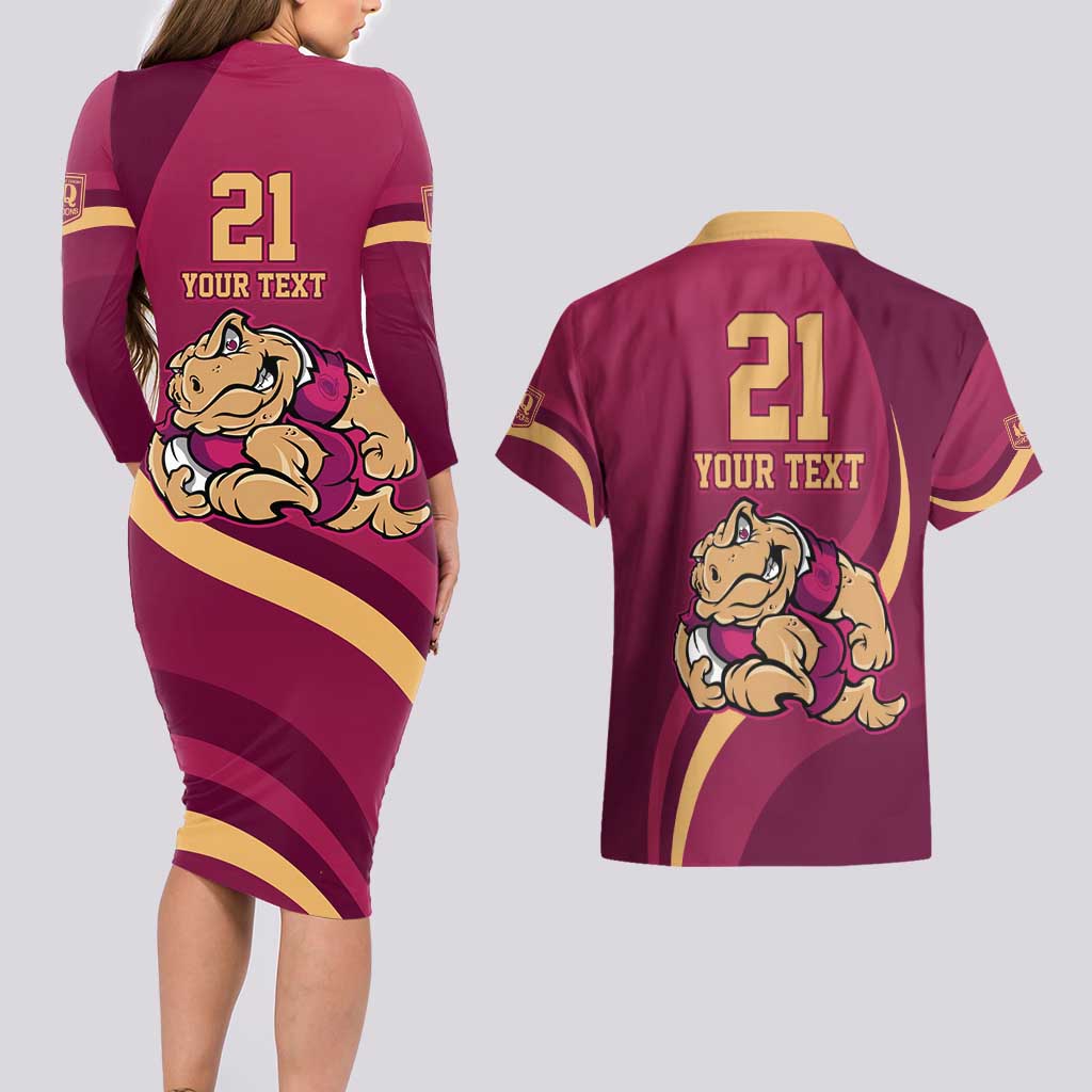 Custom QLD Maroons Cane Toad Couples Matching Long Sleeve Bodycon Dress and Hawaiian Shirt Queensland Origin No2