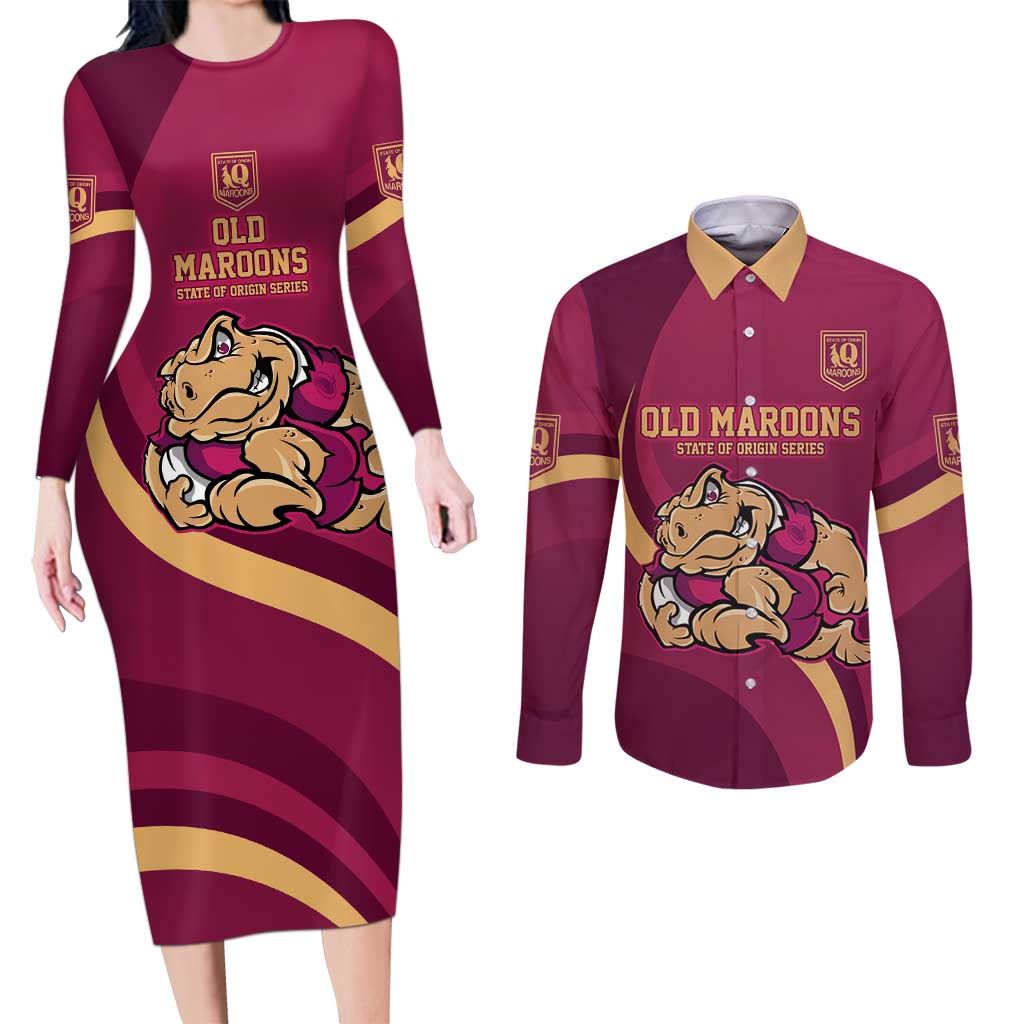 Custom QLD Maroons Cane Toad Couples Matching Long Sleeve Bodycon Dress and Long Sleeve Button Shirt Queensland Origin No2