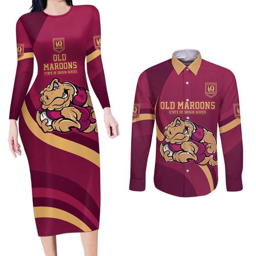 Custom QLD Maroons Cane Toad Couples Matching Long Sleeve Bodycon Dress and Long Sleeve Button Shirt Queensland Origin No2