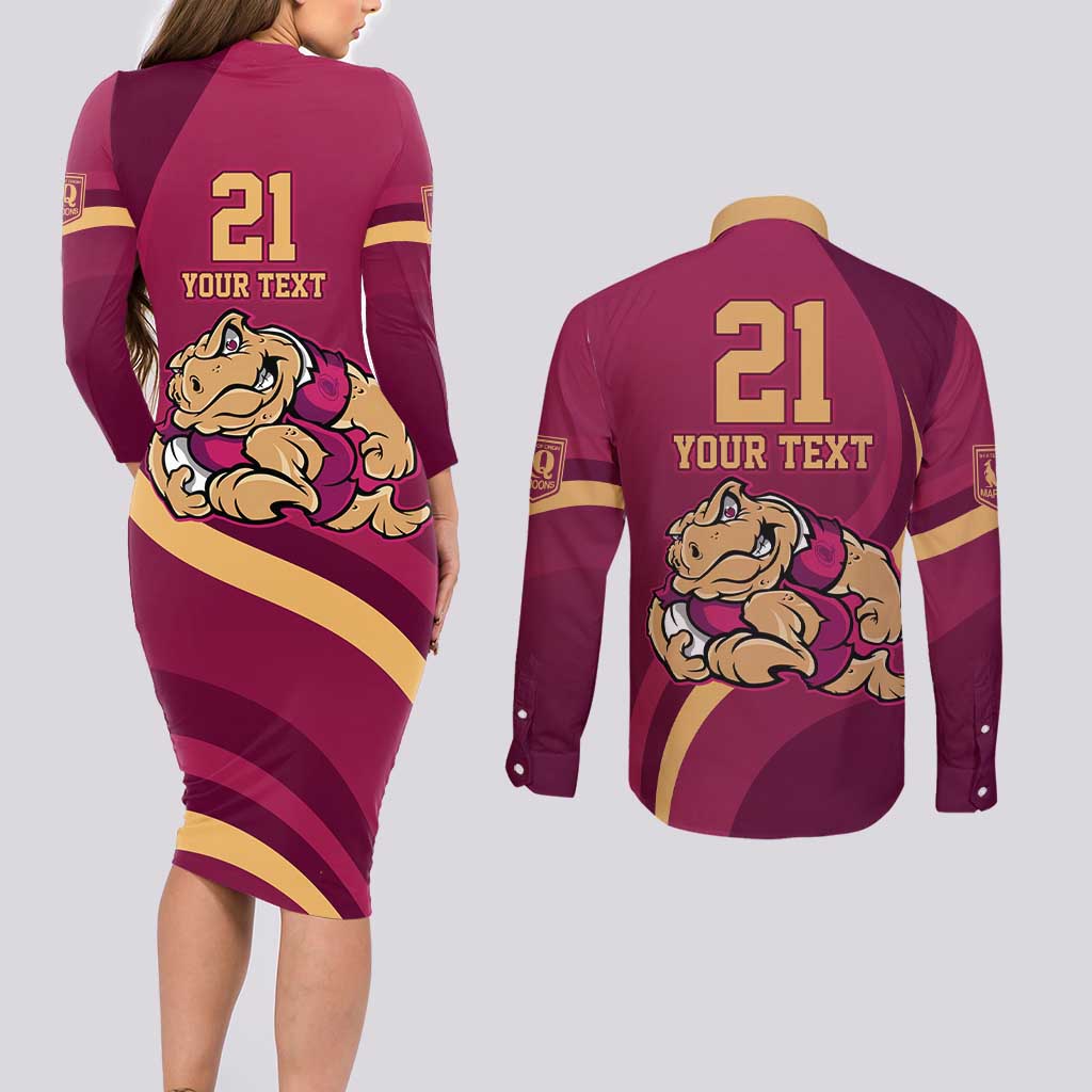 Custom QLD Maroons Cane Toad Couples Matching Long Sleeve Bodycon Dress and Long Sleeve Button Shirt Queensland Origin No2