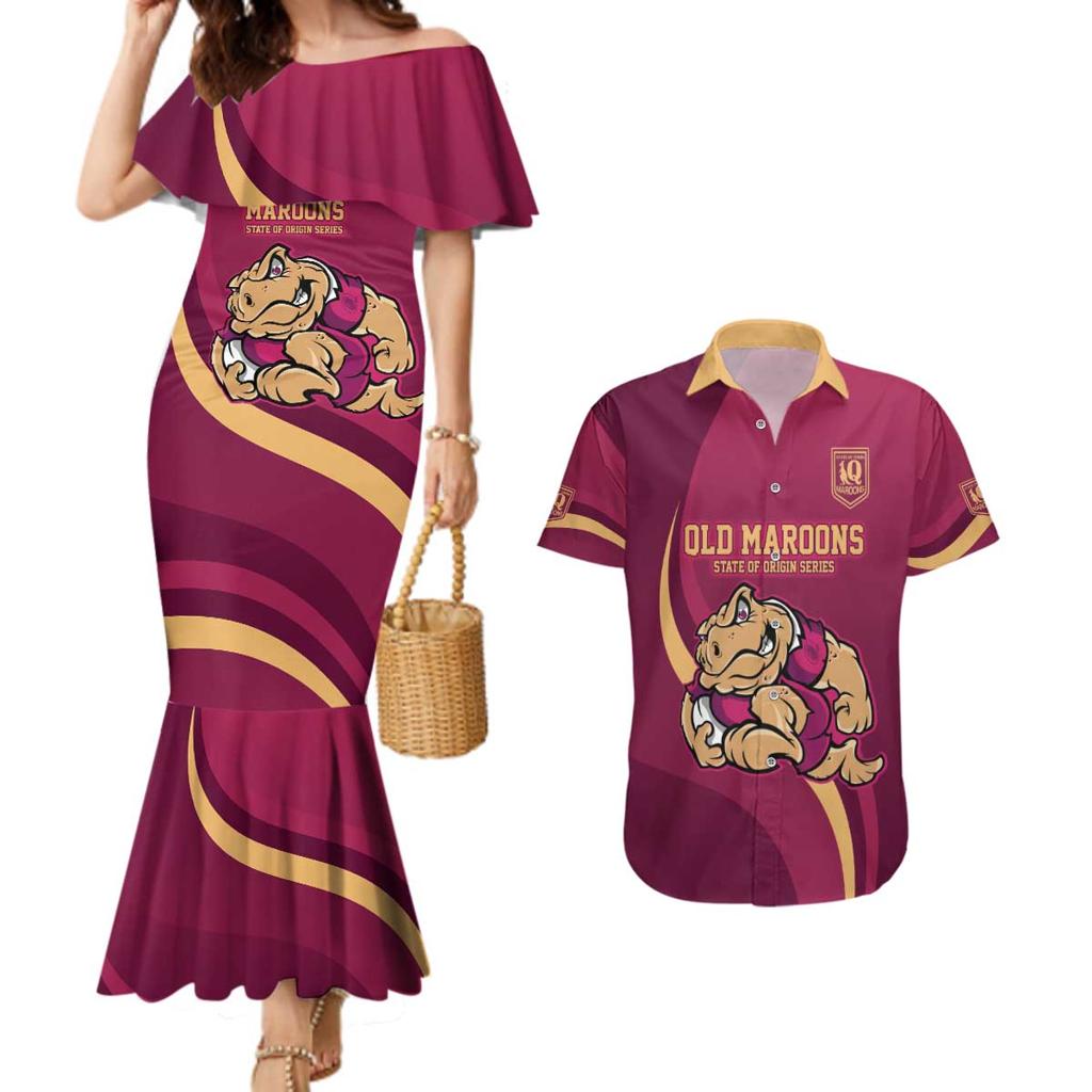 Custom QLD Maroons Cane Toad Couples Matching Mermaid Dress and Hawaiian Shirt Queensland Origin No2