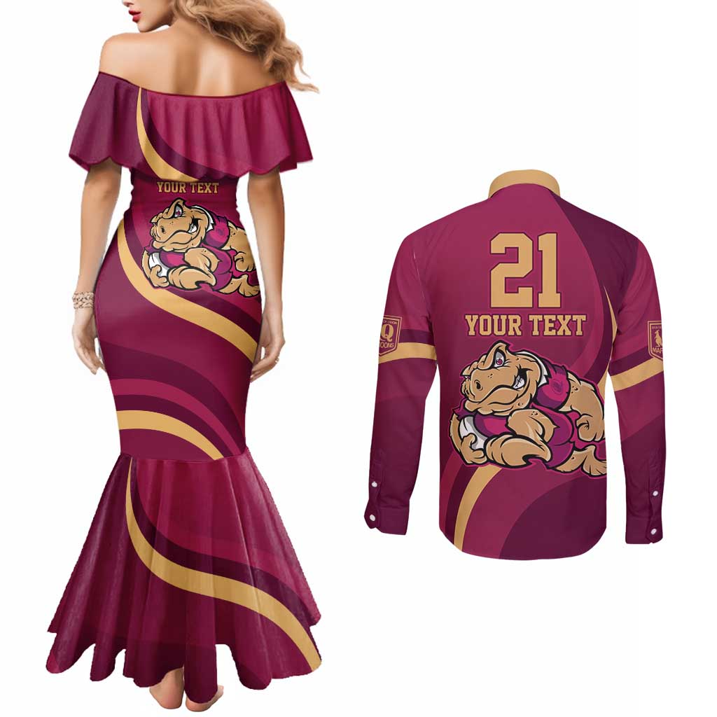 Custom QLD Maroons Cane Toad Couples Matching Mermaid Dress and Long Sleeve Button Shirt Queensland Origin No2