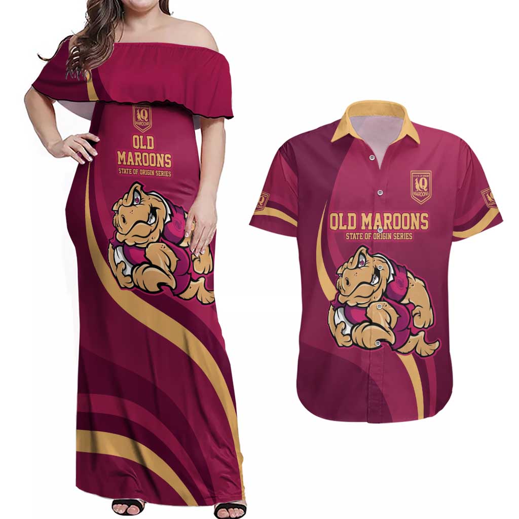 Custom QLD Maroons Cane Toad Couples Matching Off Shoulder Maxi Dress and Hawaiian Shirt Queensland Origin No2