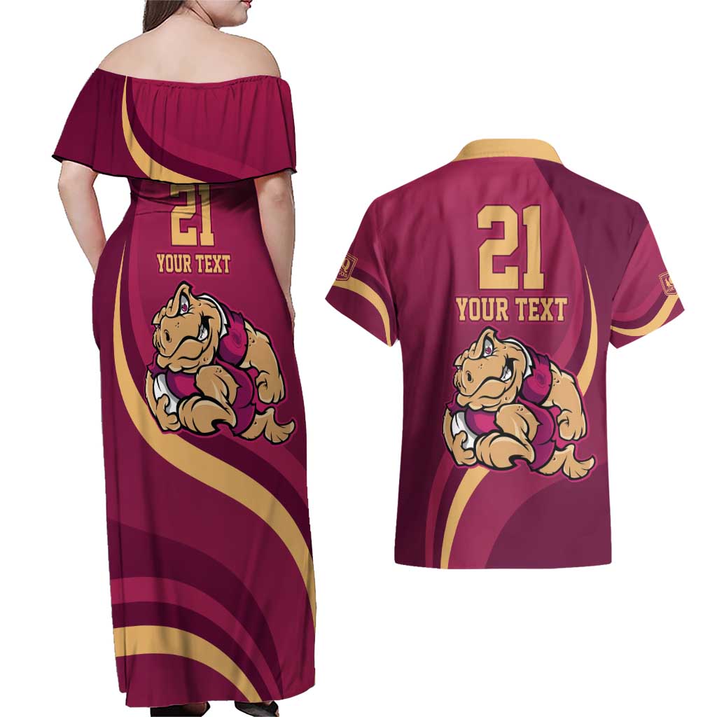 Custom QLD Maroons Cane Toad Couples Matching Off Shoulder Maxi Dress and Hawaiian Shirt Queensland Origin No2