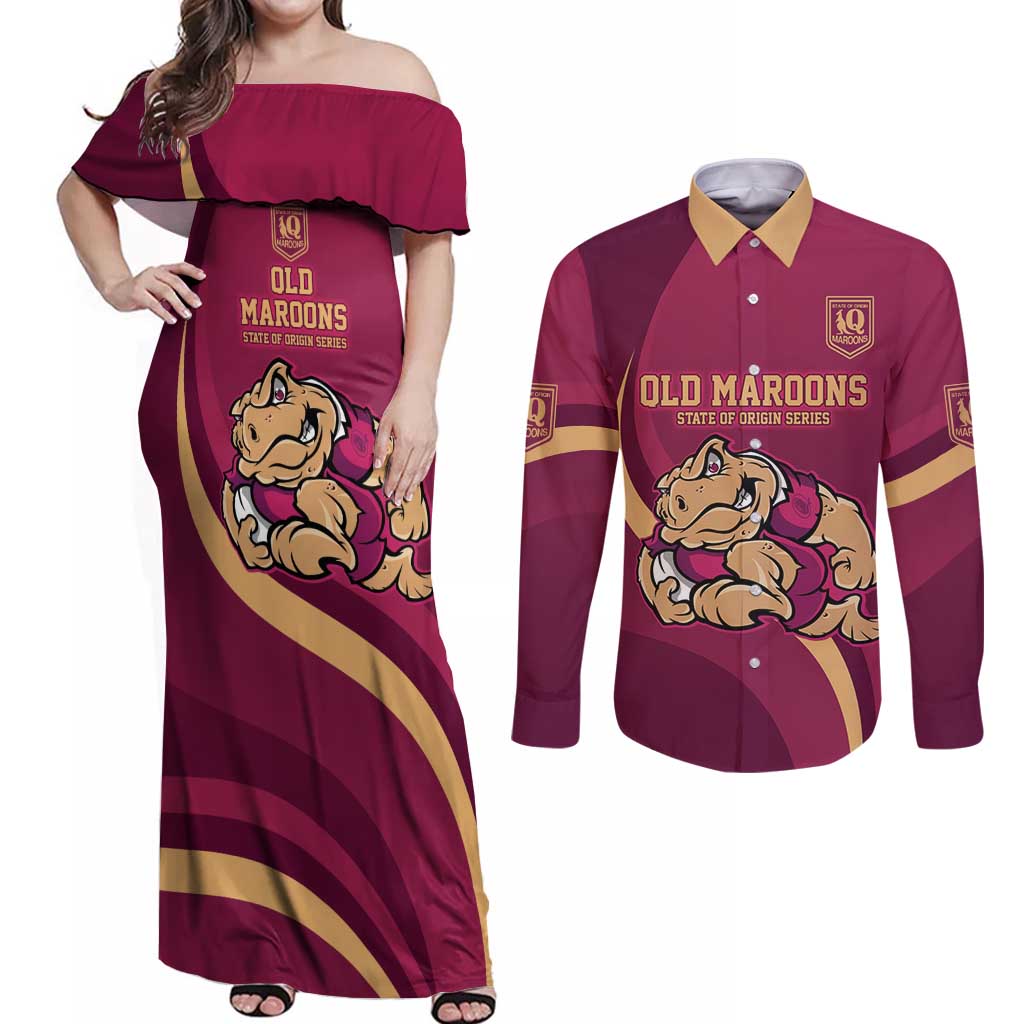 Custom QLD Maroons Cane Toad Couples Matching Off Shoulder Maxi Dress and Long Sleeve Button Shirt Queensland Origin No2