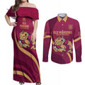 Custom QLD Maroons Cane Toad Couples Matching Off Shoulder Maxi Dress and Long Sleeve Button Shirt Queensland Origin No2