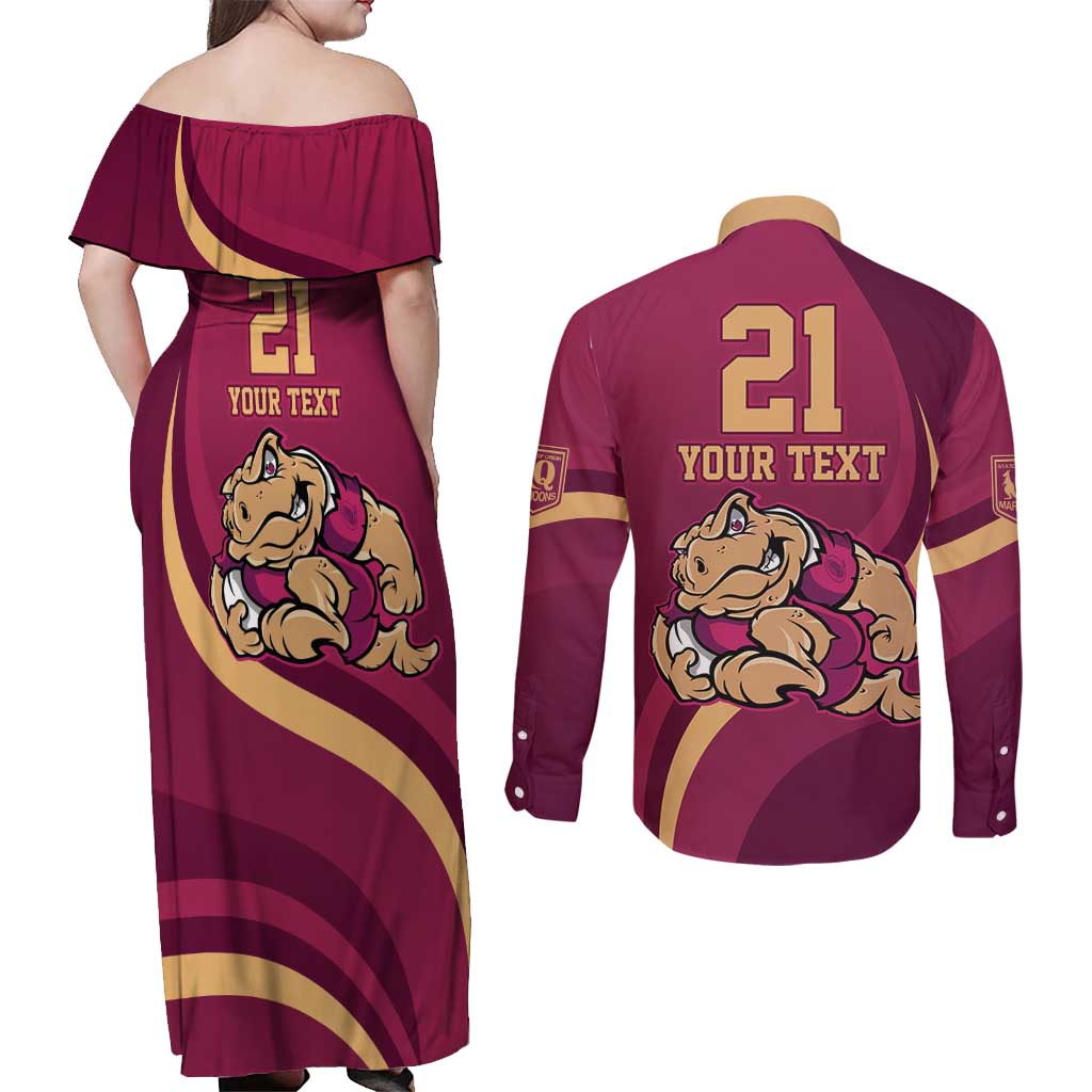 Custom QLD Maroons Cane Toad Couples Matching Off Shoulder Maxi Dress and Long Sleeve Button Shirt Queensland Origin No2
