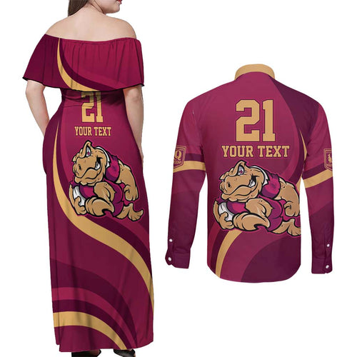 Custom QLD Maroons Cane Toad Couples Matching Off Shoulder Maxi Dress and Long Sleeve Button Shirt Queensland Origin No2