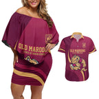 Custom QLD Maroons Cane Toad Couples Matching Off Shoulder Short Dress and Hawaiian Shirt Queensland Origin No2