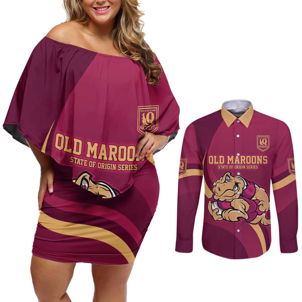 Custom QLD Maroons Cane Toad Couples Matching Off Shoulder Short Dress and Long Sleeve Button Shirt Queensland Origin No2