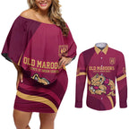 Custom QLD Maroons Cane Toad Couples Matching Off Shoulder Short Dress and Long Sleeve Button Shirt Queensland Origin No2
