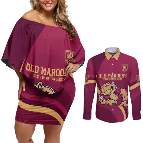 Custom QLD Maroons Cane Toad Couples Matching Off Shoulder Short Dress and Long Sleeve Button Shirt Queensland Origin No2