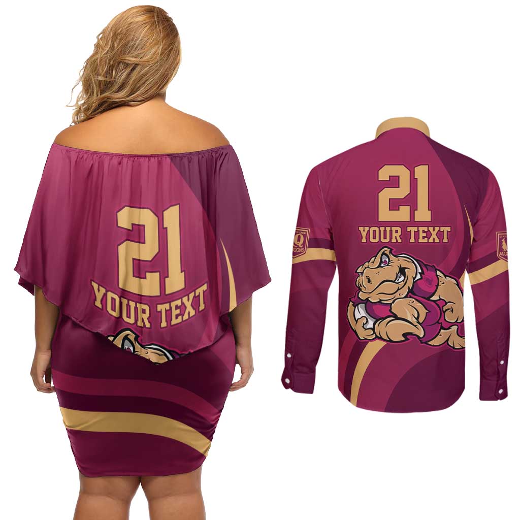 Custom QLD Maroons Cane Toad Couples Matching Off Shoulder Short Dress and Long Sleeve Button Shirt Queensland Origin No2