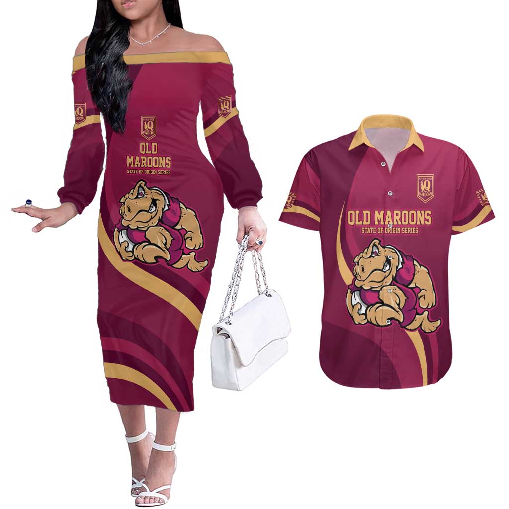 Custom QLD Maroons Cane Toad Couples Matching Off The Shoulder Long Sleeve Dress and Hawaiian Shirt Queensland Origin No2