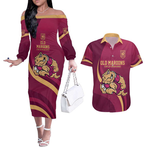 Custom QLD Maroons Cane Toad Couples Matching Off The Shoulder Long Sleeve Dress and Hawaiian Shirt Queensland Origin No2