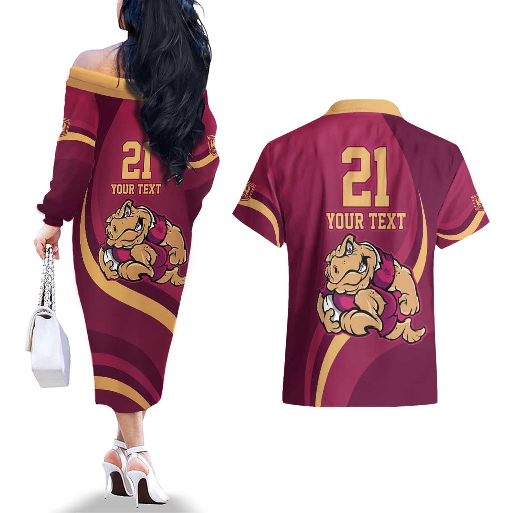 Custom QLD Maroons Cane Toad Couples Matching Off The Shoulder Long Sleeve Dress and Hawaiian Shirt Queensland Origin No2