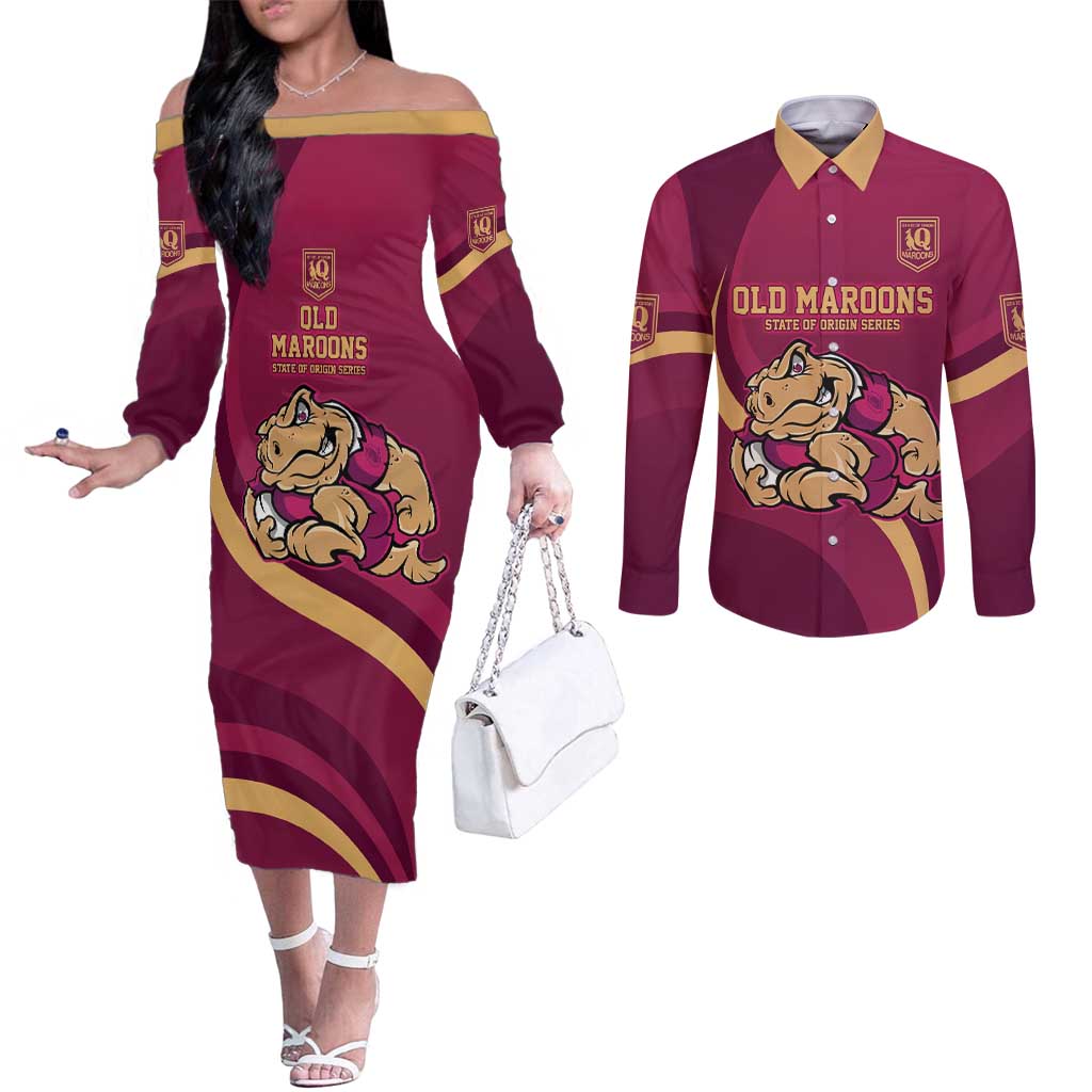 Custom QLD Maroons Cane Toad Couples Matching Off The Shoulder Long Sleeve Dress and Long Sleeve Button Shirt Queensland Origin No2