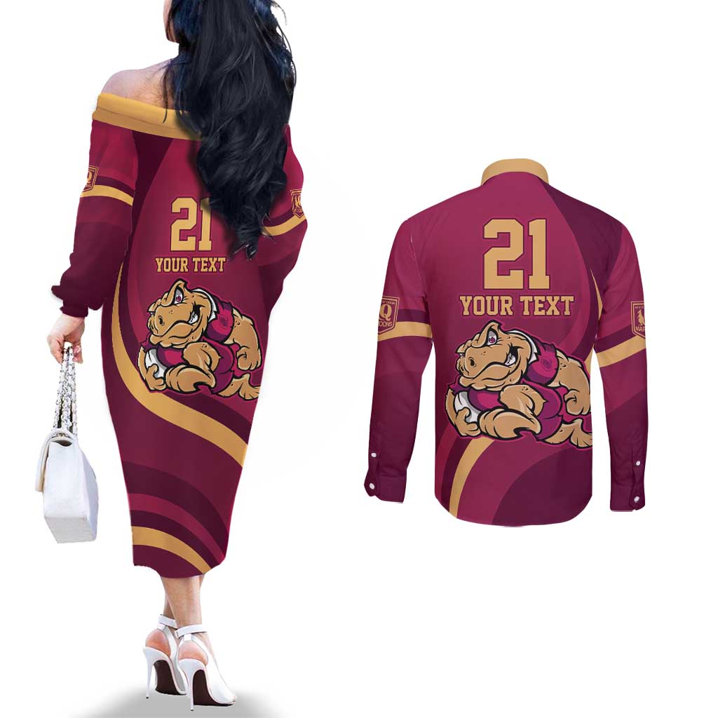 Custom QLD Maroons Cane Toad Couples Matching Off The Shoulder Long Sleeve Dress and Long Sleeve Button Shirt Queensland Origin No2