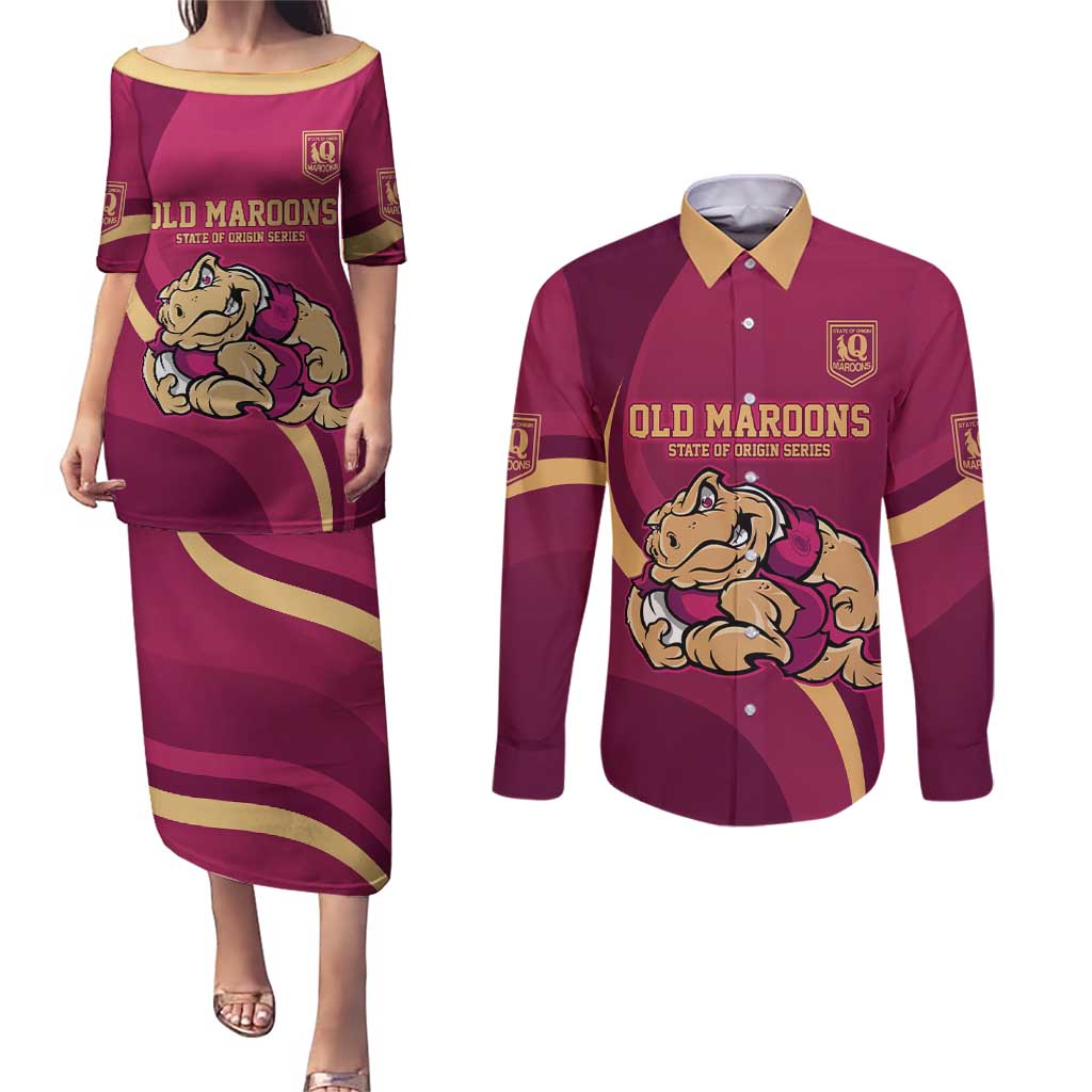 Custom QLD Maroons Cane Toad Couples Matching Puletasi and Long Sleeve Button Shirt Queensland Origin No2