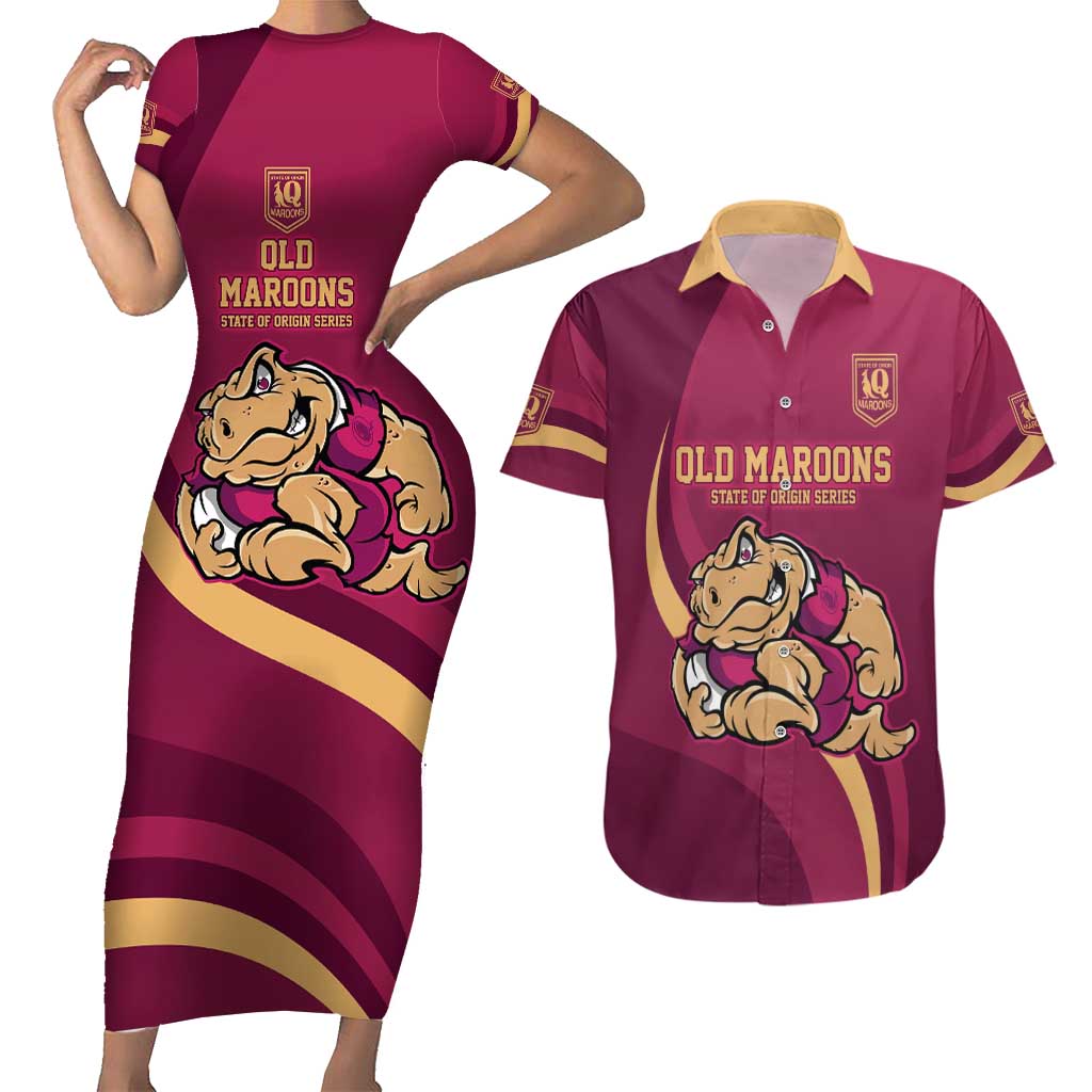 Custom QLD Maroons Cane Toad Couples Matching Short Sleeve Bodycon Dress and Hawaiian Shirt Queensland Origin No2