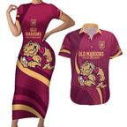 Custom QLD Maroons Cane Toad Couples Matching Short Sleeve Bodycon Dress and Hawaiian Shirt Queensland Origin No2